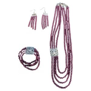 Simulated Fuchsia Pearl White Austrian Crystal Bracelet Earrings & Necklace